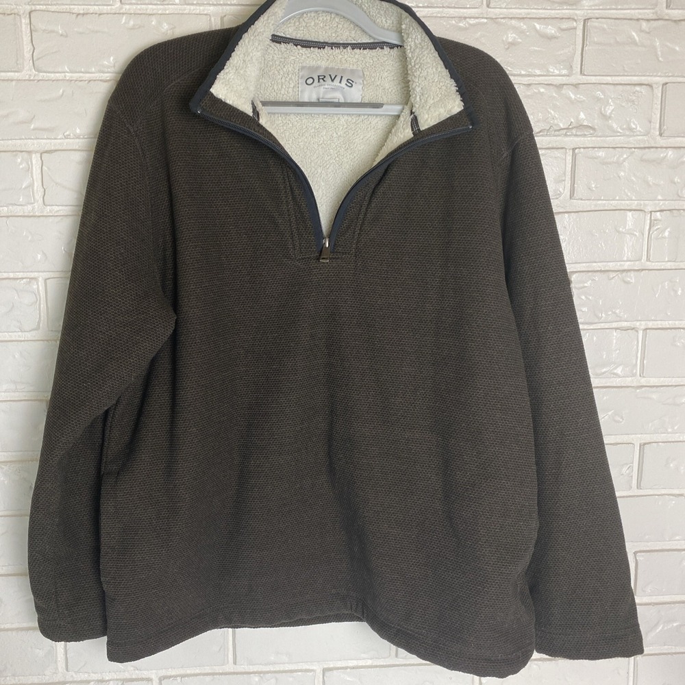 Mens Orvis Brown Fleece Sherpa Lined 1/4 Zip Pullover Brown Size L